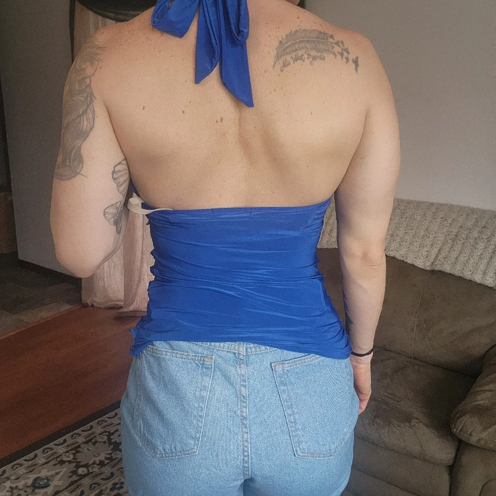 Body C Blue Ruffle Halter Top With Brooch Detail Size Medium - Picture 6 of 8